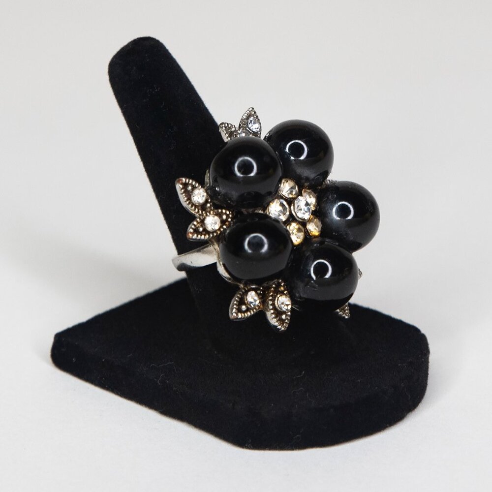 Size 5.25 Fashion Ring Faux Diamonds Faux Silver Ring Band‎ Black Balls